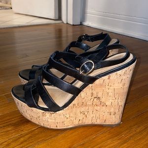 SCHUTZ Black leather and cork wedges